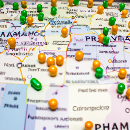 Map with location pins representing pharmacy tech programs near you